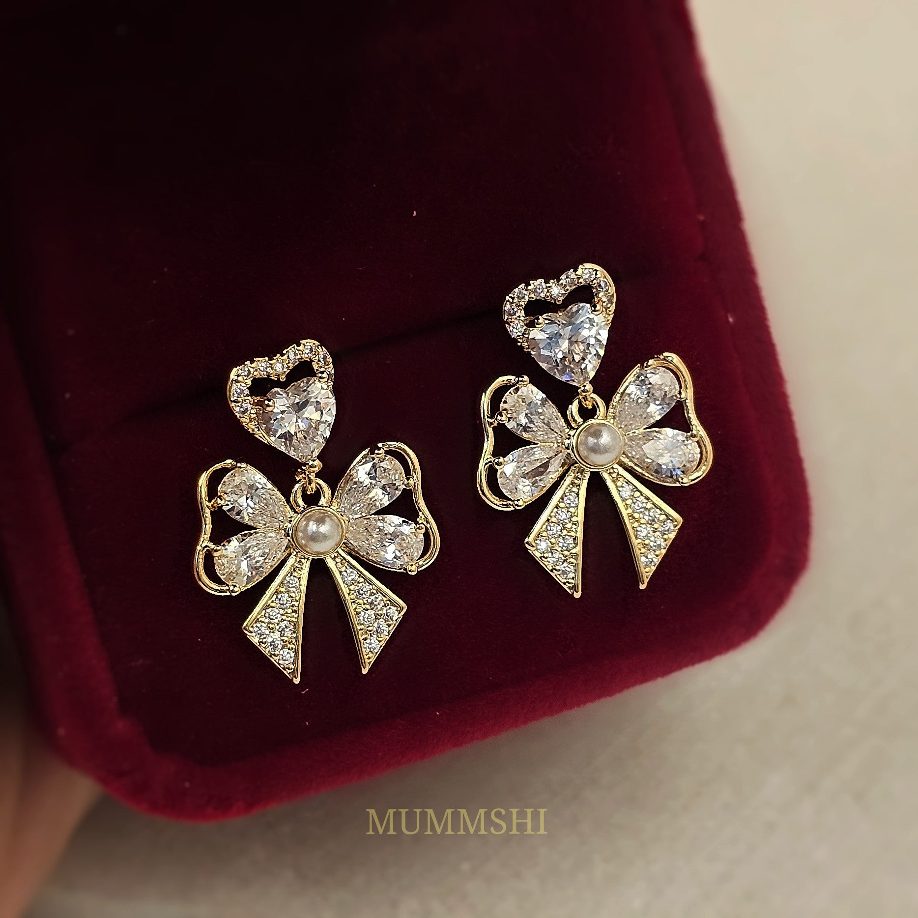 Crystal Heart Bow Drops (S925)