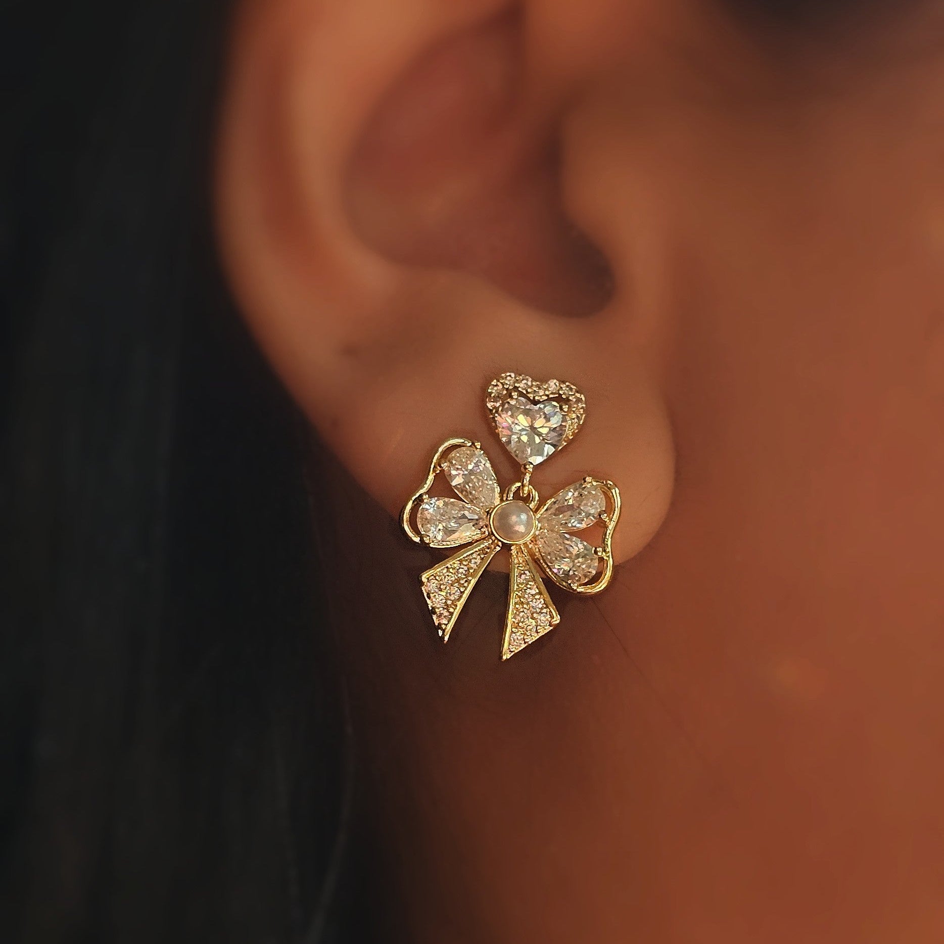 Crystal Heart Bow Drops (S925)