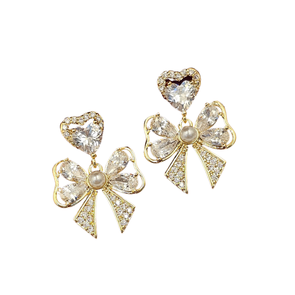 Crystal Heart Bow Drops (S925)